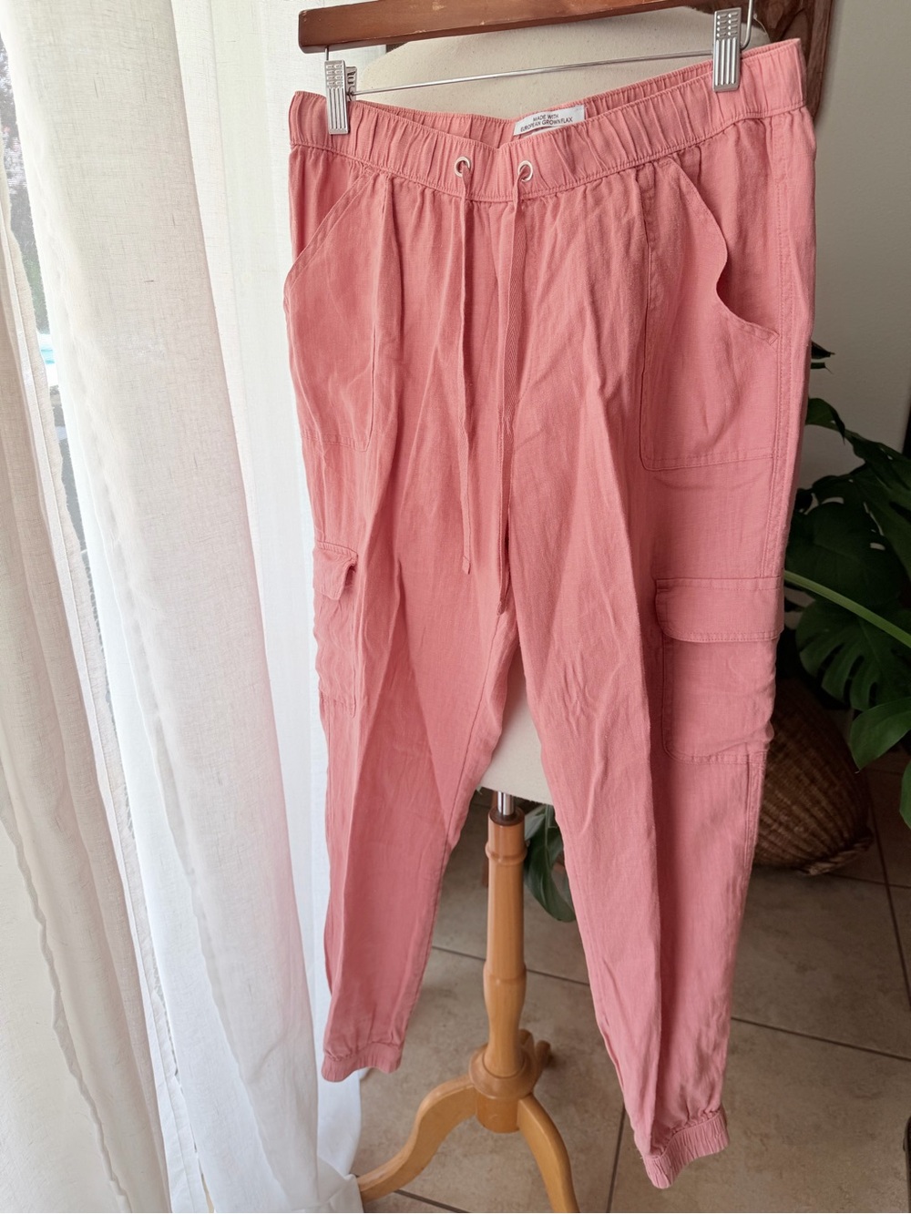 Nicole Miller 100% Linen Pink Cargo Jogger Pants Size Large